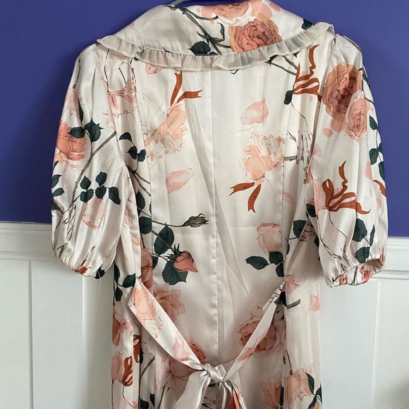 simple retro wide collar frill puff sleeve rose satin dress - Picture 4 of 5